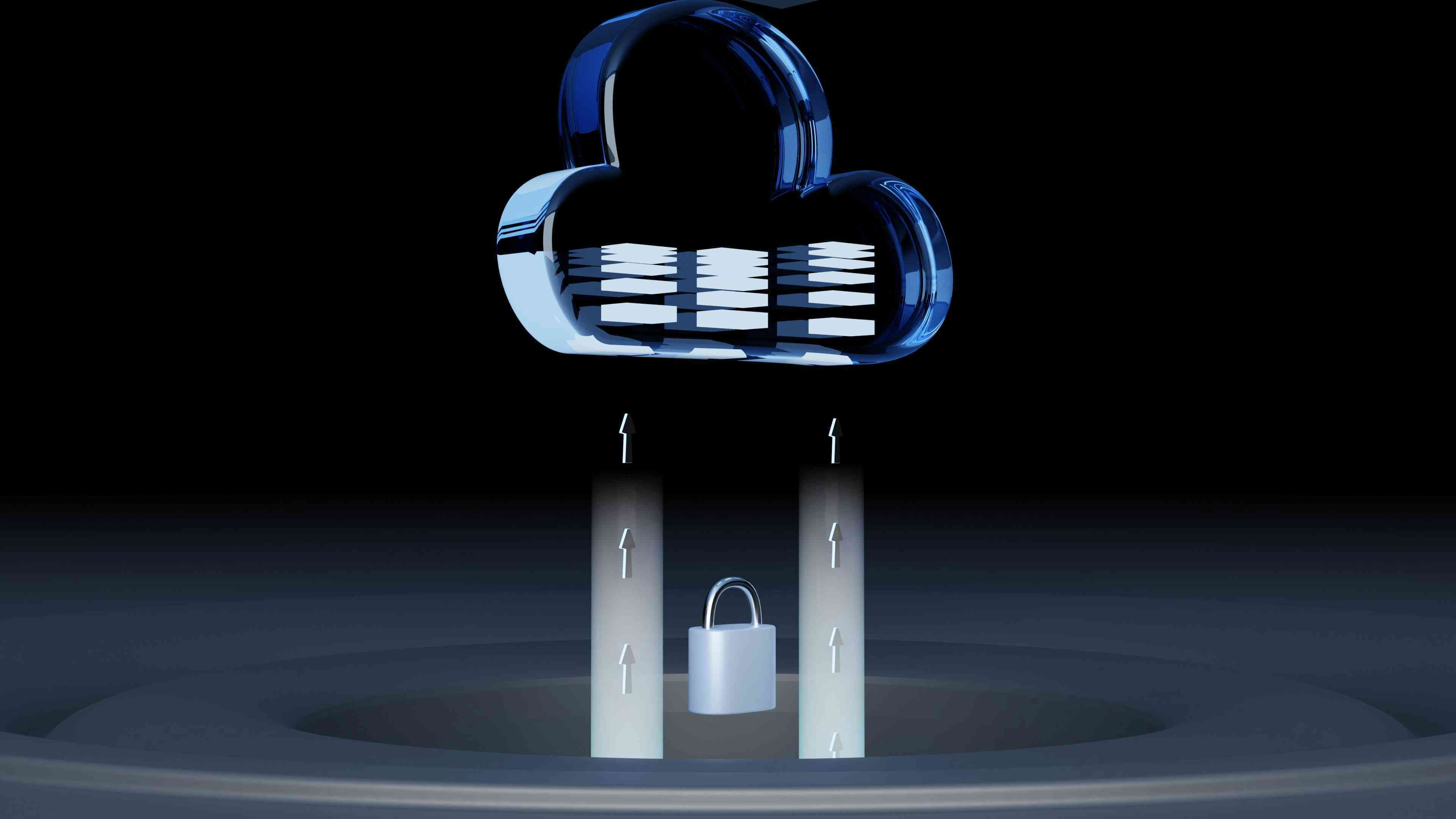 A blue glass cloud icon with data layers above a silver padlock