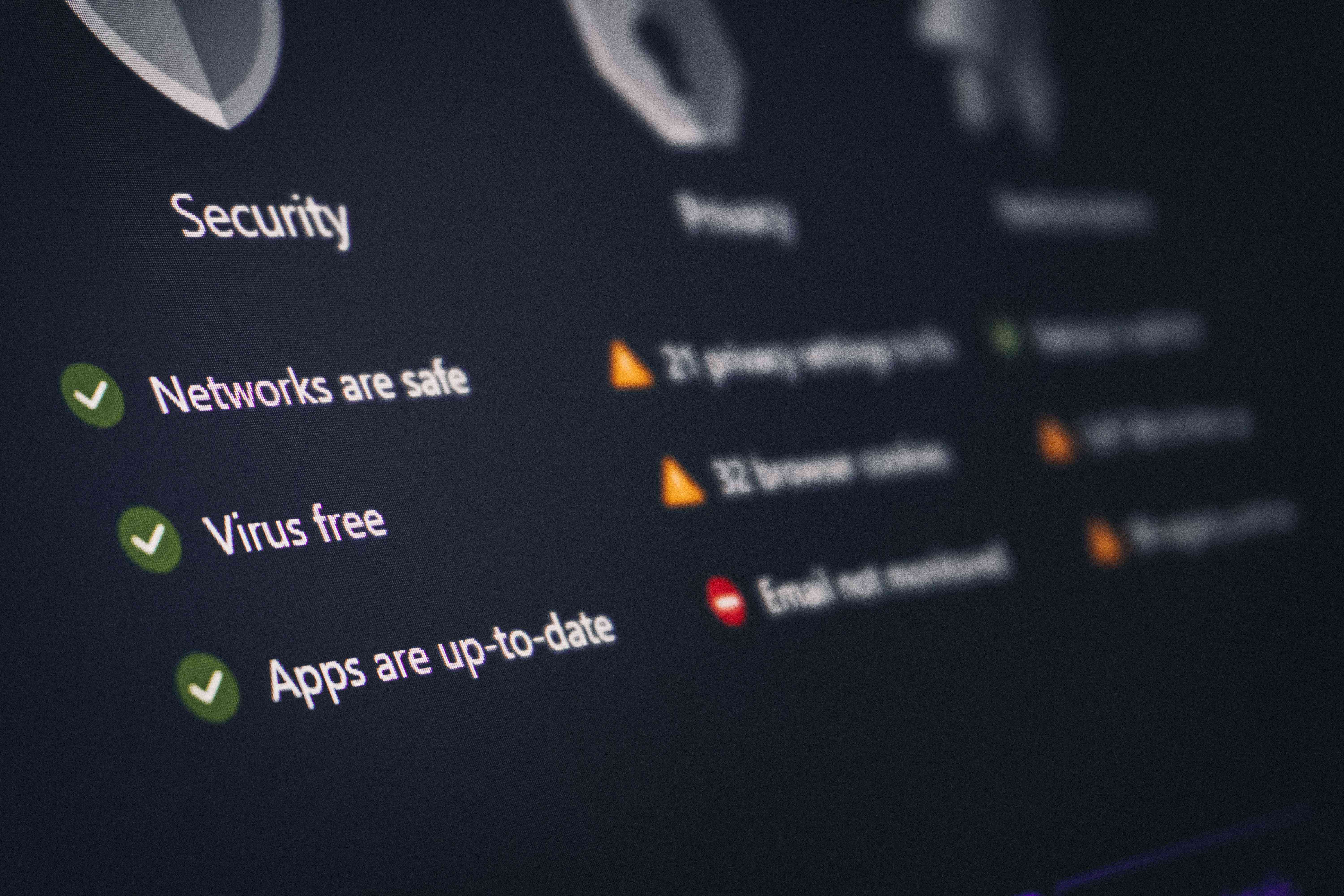 A security and privacy dashboard with its status