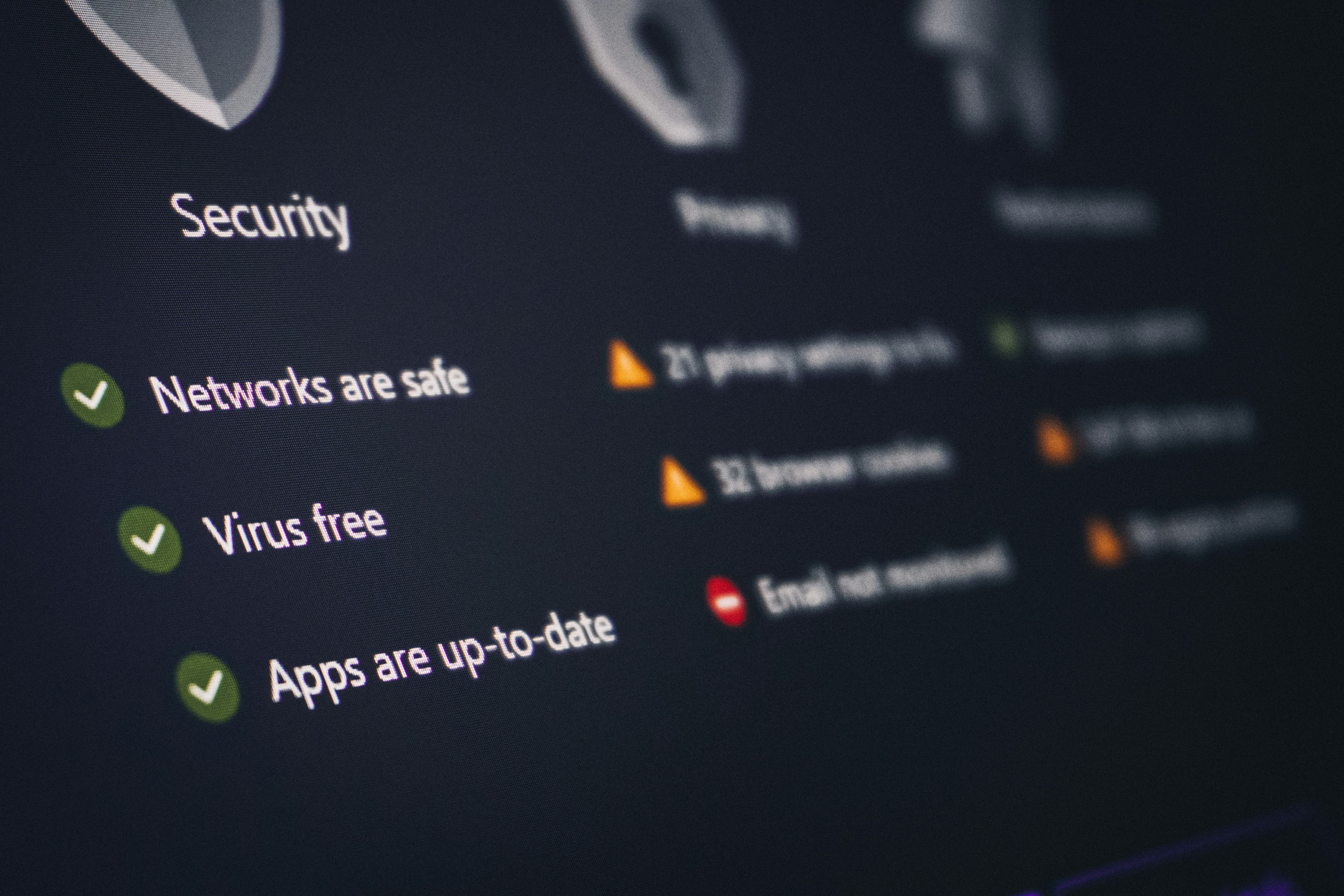 A security and privacy dashboard with its status